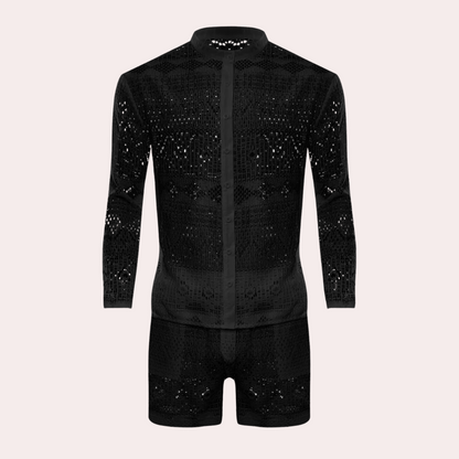 Schwarzer Spitzen-Overall, langärmelig, Knopfleiste, elegantes Design, Herrenmode.