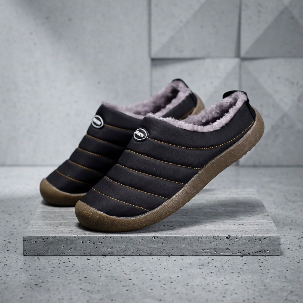 Black quilted slippers displayed on a stone slab, one tilted to show the sole edge 19