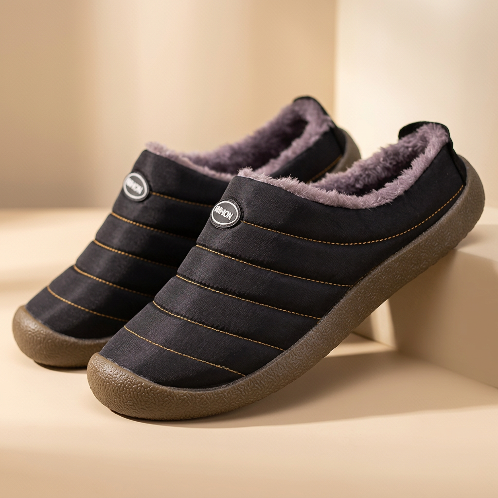 Black quilted slippers with purple-gray fleece lining, one propped on a beige block 19