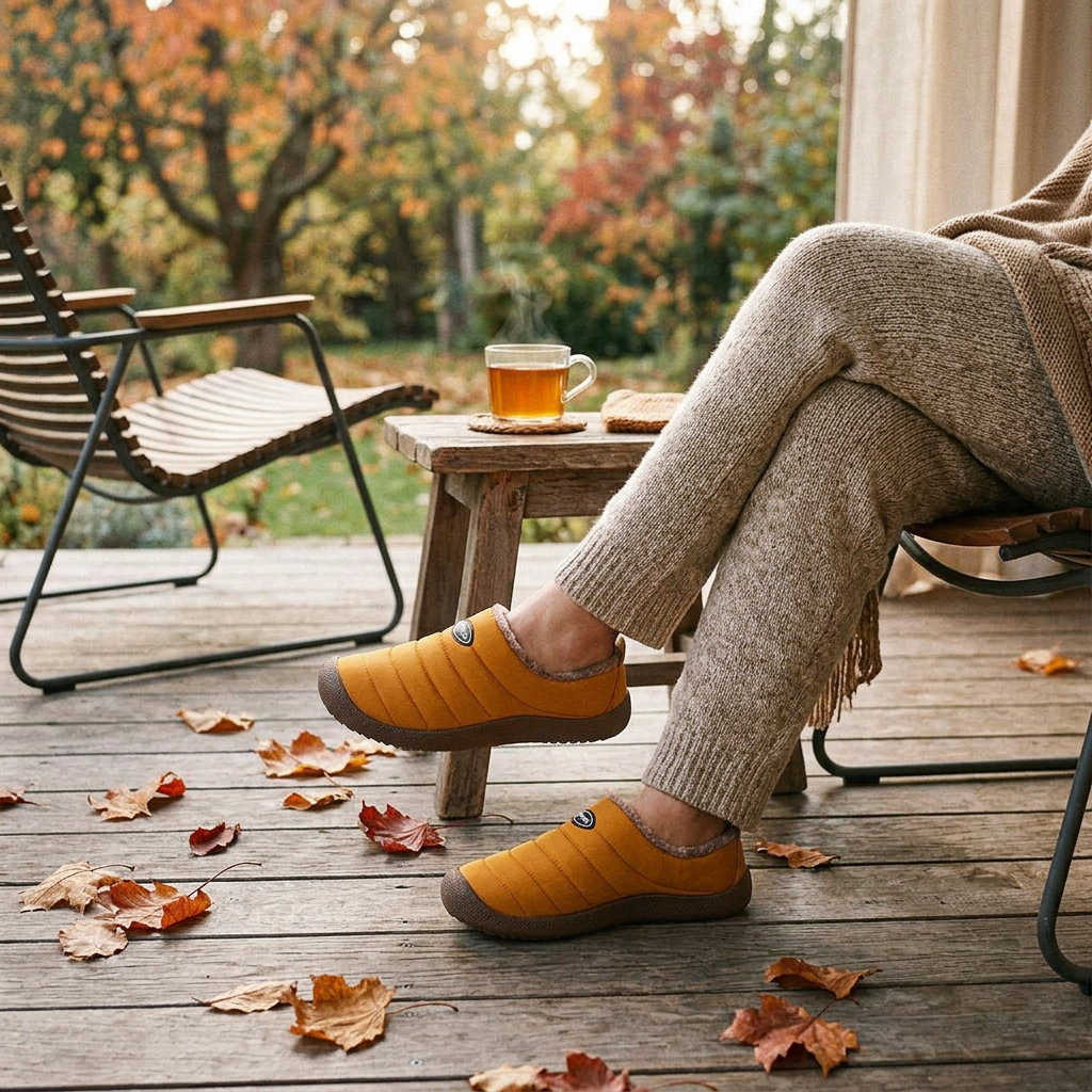 Mustard quilted slippers worn on a wooden deck beside a cup of tea and autumn leaves 1