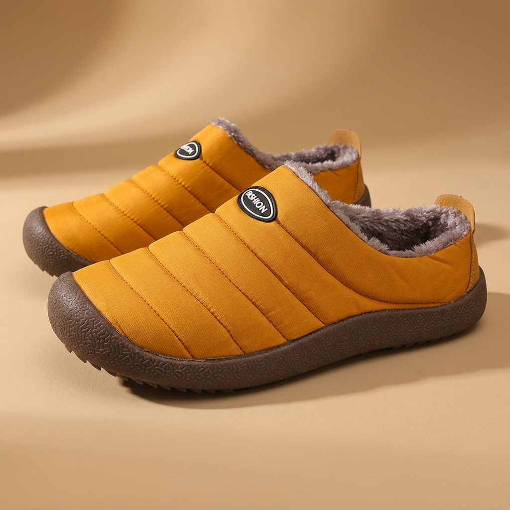 Pair of mustard yellow quilted slippers with fleece lining on a tan studio background 20