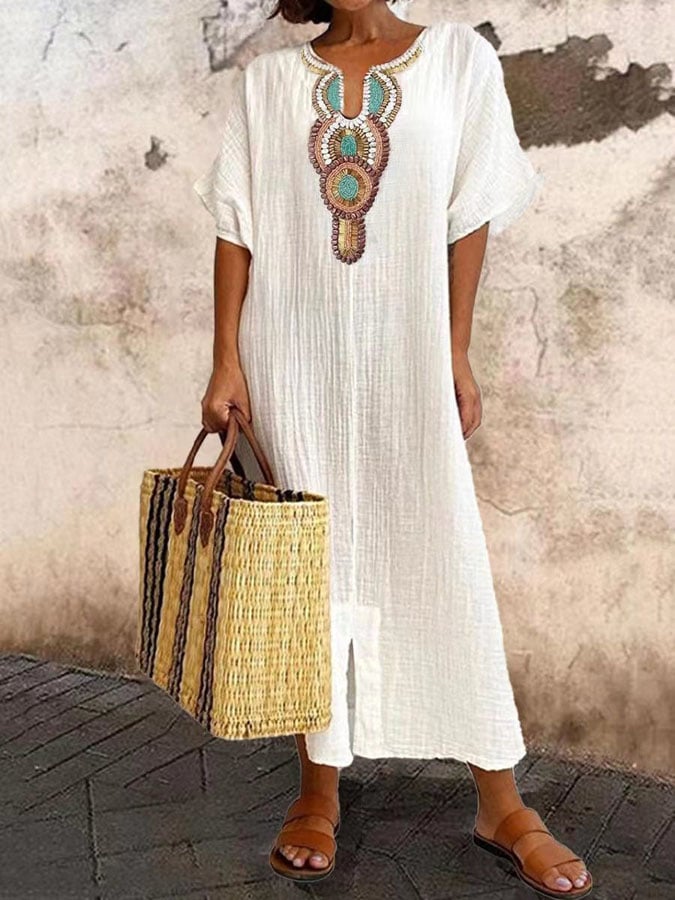 Kaftan Maxi Dress with Embroidery – Yasmin-White-XS-State of Style