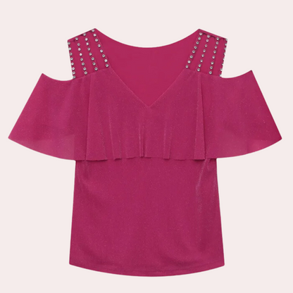 Rosa schulterfreies Top mit Nieten, V-Ausschnitt, Rüschen, Damenmode, Sommerkleidung.