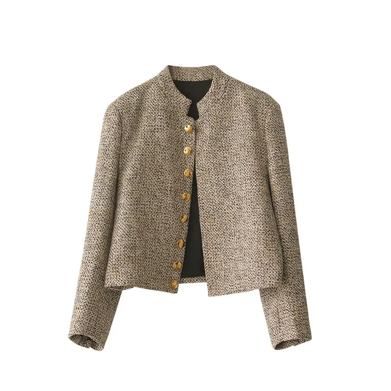 Khaki Vest with Long Sleeves and Button Closure - Elara-S-Nora Luxe