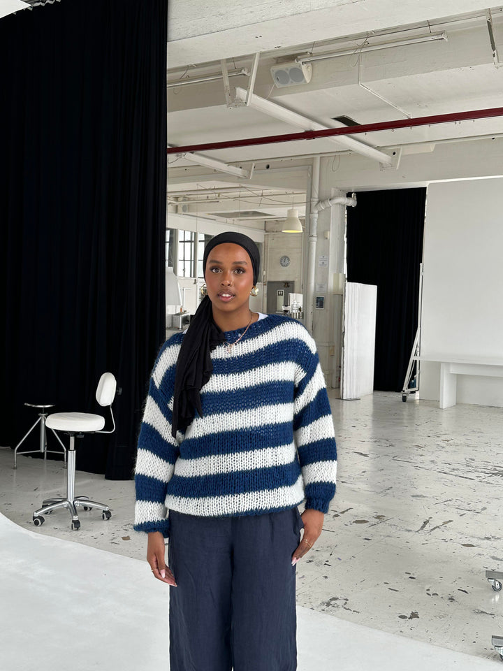 Knitted and Striped Oversized Women's Sweater - Harper-Blue and White-XS/S-Nora Luxe