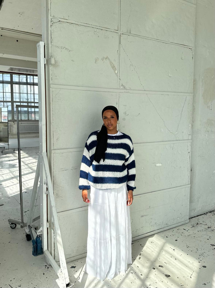 Knitted and Striped Oversized Women's Sweater - Harper-Blue and White-XS/S-Nora Luxe