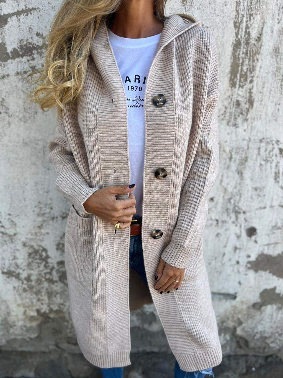 Knitted Long Women's Cardigan with Hood - Liv-Apricot-S-Nora Luxe