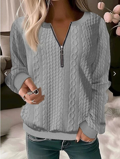 Knitted Sweater with Round Neck and Jacquard Pattern - Tessa-Gray-S-Nora Luxe