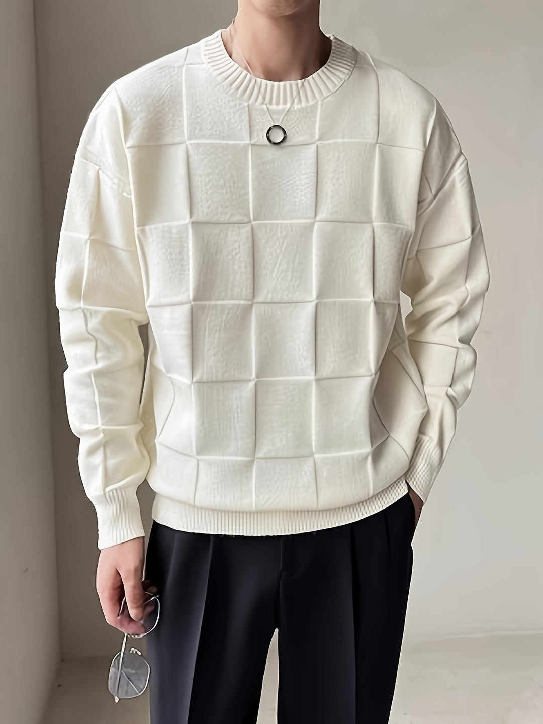 Knitted Sweater with Round Neck and Stretch - Caleb-White-M-Nora Luxe