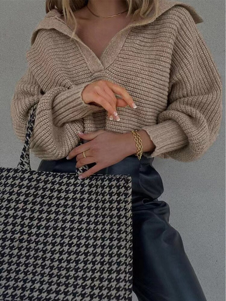 Knitted V-Neck Sweater - Isolde-Khaki-S-Nora Luxe