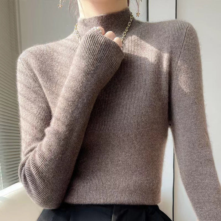 Knitted Women's Sweater with Half Polo - Sophie-Dark Brown-S-Nora Luxe