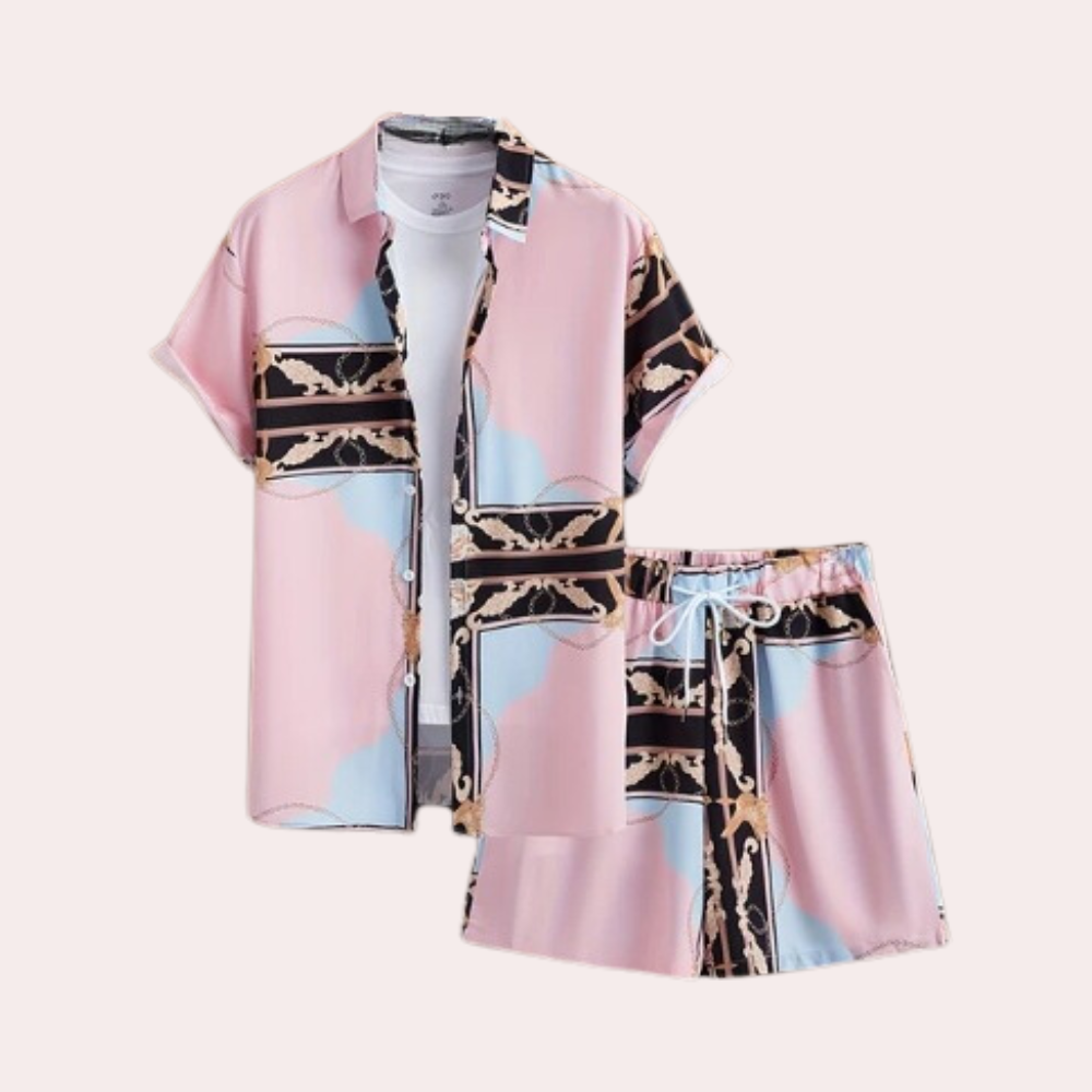 Kurzärmliges Hemd und Shorts Set, rosa-blaues Muster, Sommermode, Herrenbekleidung.