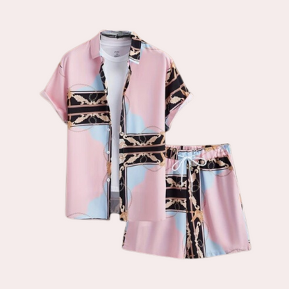 Kurzärmliges Hemd und Shorts Set, rosa-blaues Muster, Sommermode, Herrenbekleidung.
