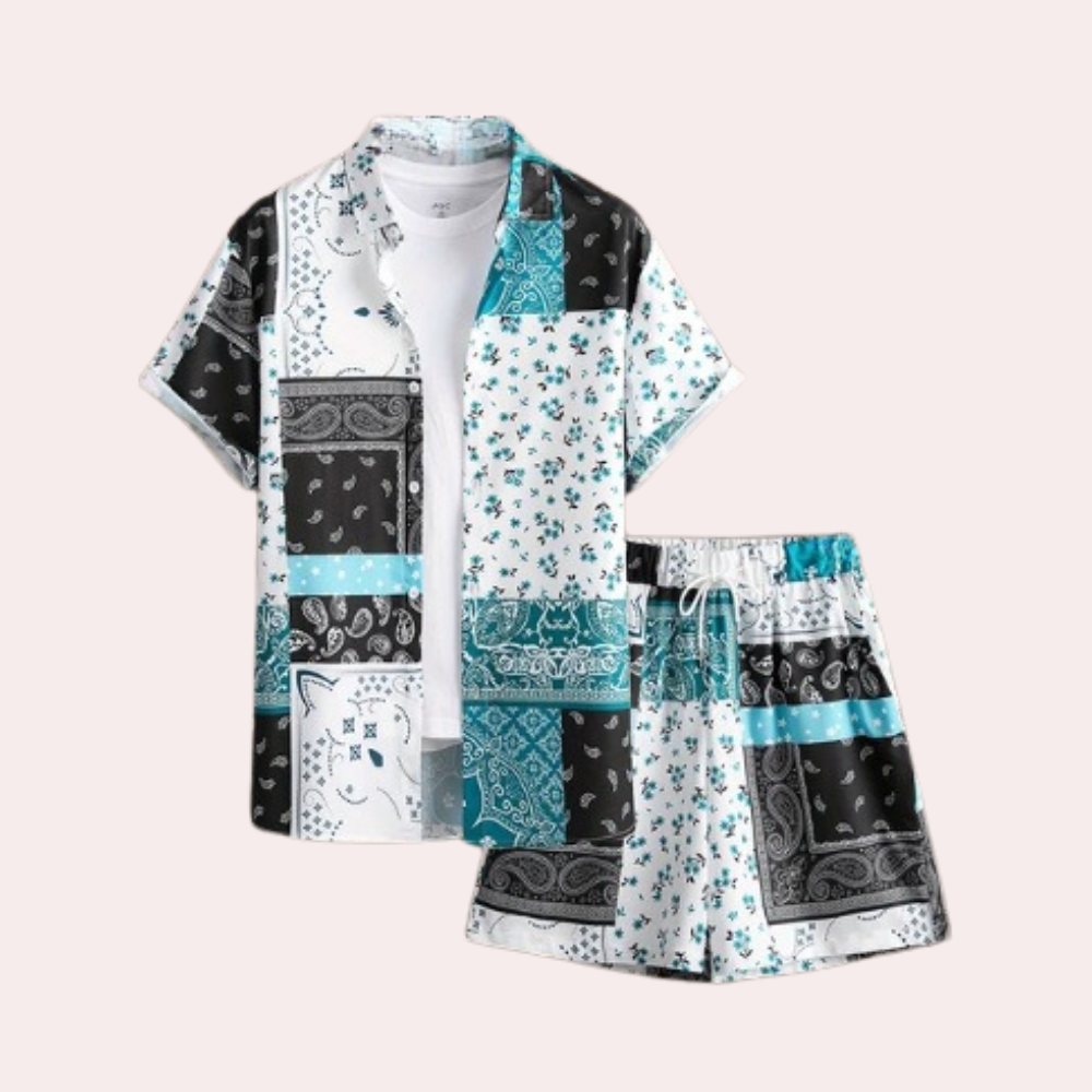 Kurzärmliges Hemd und Shorts Set, Patchwork-Design, blau-schwarz-weiß, Sommermode Herren.