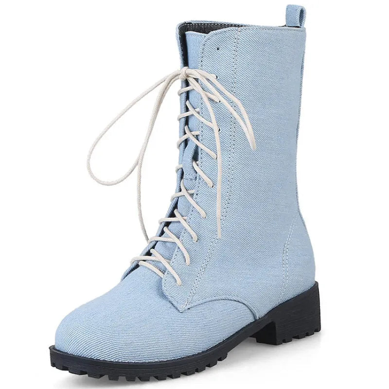 Ladies' Classic Lace-Up Shoes with Low Heel - Lena-Light Blue-2.5-Nora Luxe