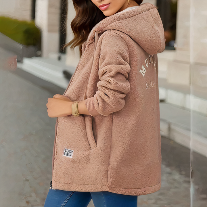 Ladies Fleece Jacket with Hood - Sophie-Khaki-M-Nora Luxe
