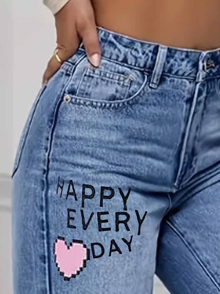 Ladies Jeans with Hearts and Graffiti Print - Lotte-Medium Blue-XS-Nora Luxe