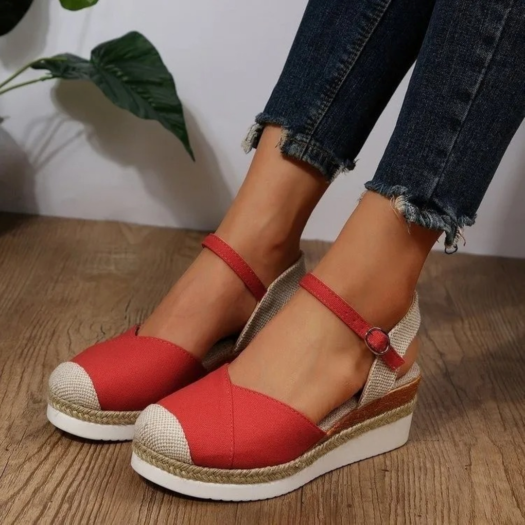 Ladies' Sandals with Buckle Closure and Closed Toe – Isabelle-Red/Brown-3-State of Style