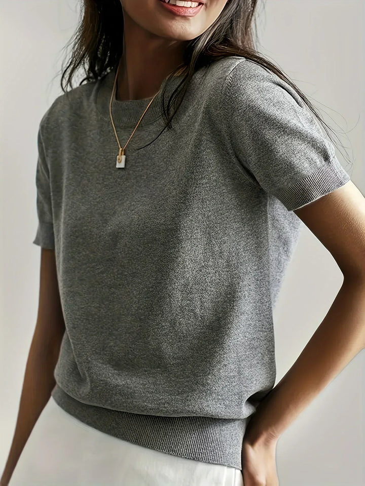 Ladies Short Sleeve Spring Sweater – Mila-Gray-XS-Nora Luxe