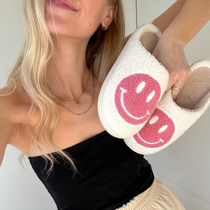 Ladies Slippers - CheerUp-White with Pink Smiley-3.0 - 4.0-Nora Luxe