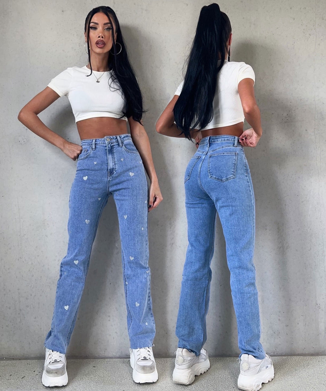 Ladies Stretch Jeans with Wide Legs and Heart Print - Amelie-XS-Nora Luxe