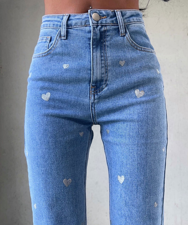 Ladies Stretch Jeans with Wide Legs and Heart Print - Amelie-XS-Nora Luxe