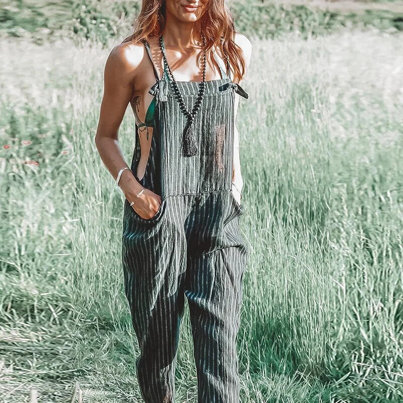 Ladies' Summer Jumpsuit with Adjustable Straps and Tapered Legs – Mireya-Dark green-S-Nora Luxe
