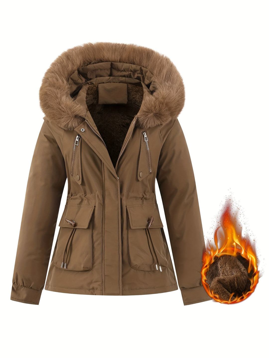 Ladies' Winter Coat with Detachable Fur Hood - Noëlle-Coffee-XS-Nora Luxe