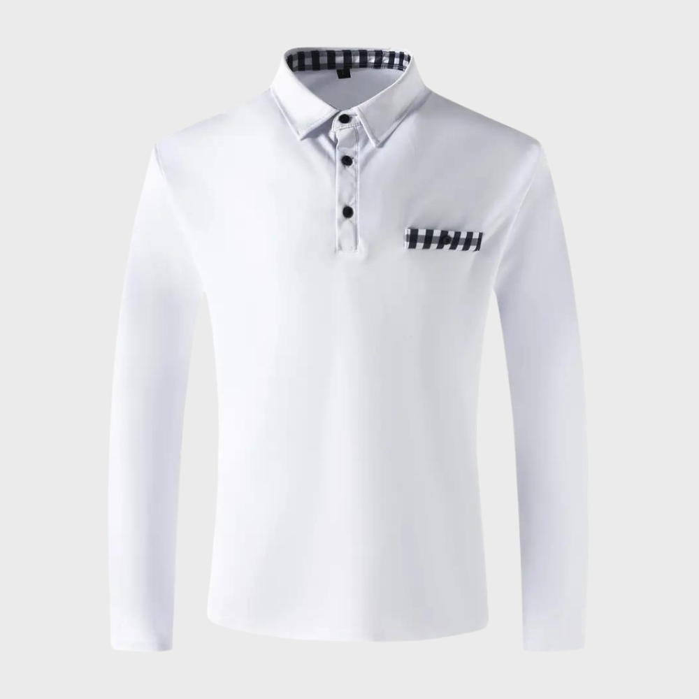 Weißes Herren-Poloshirt mit langen Ärmeln, kariertem Kragen und Brusttasche.