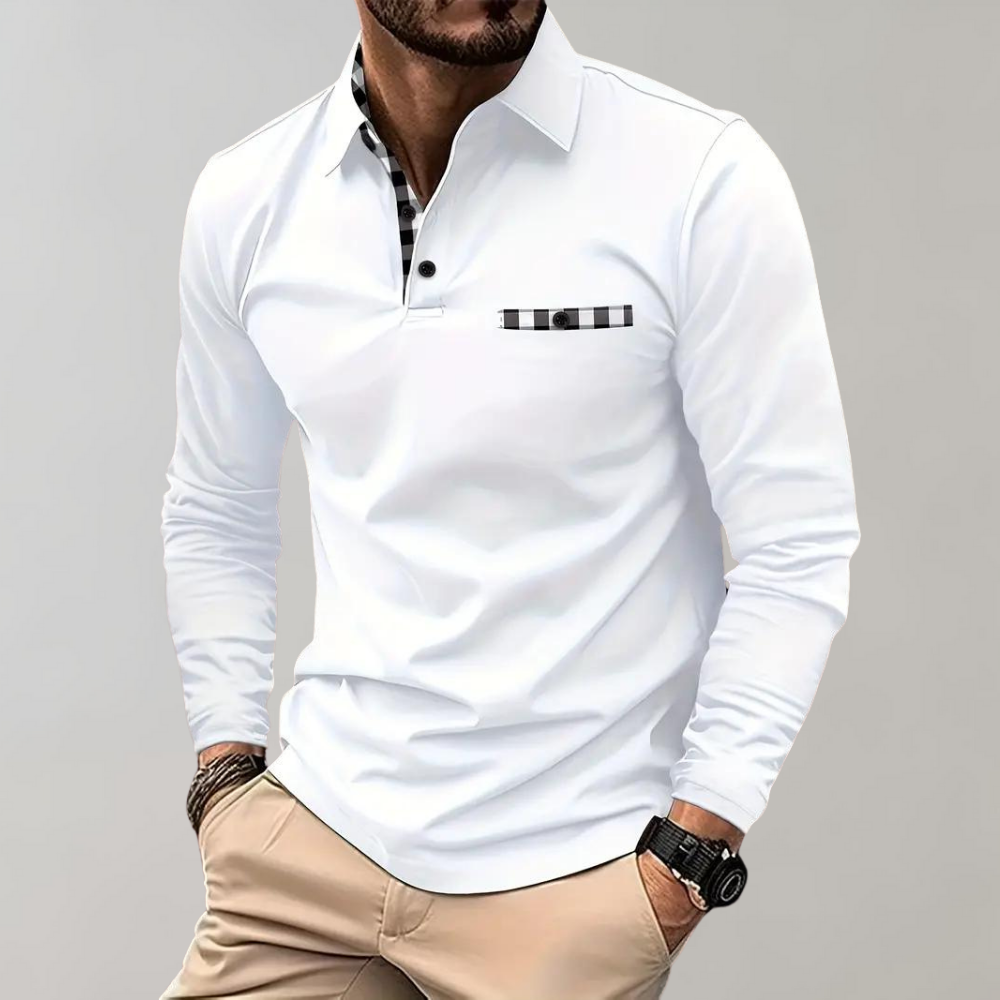 Weiße Herren-Poloshirt mit langen Ärmeln, kariertem Kragen, elegantes Design.