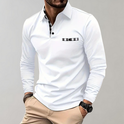 Weiße Herren-Poloshirt mit langen Ärmeln, kariertem Kragen, elegantes Design.