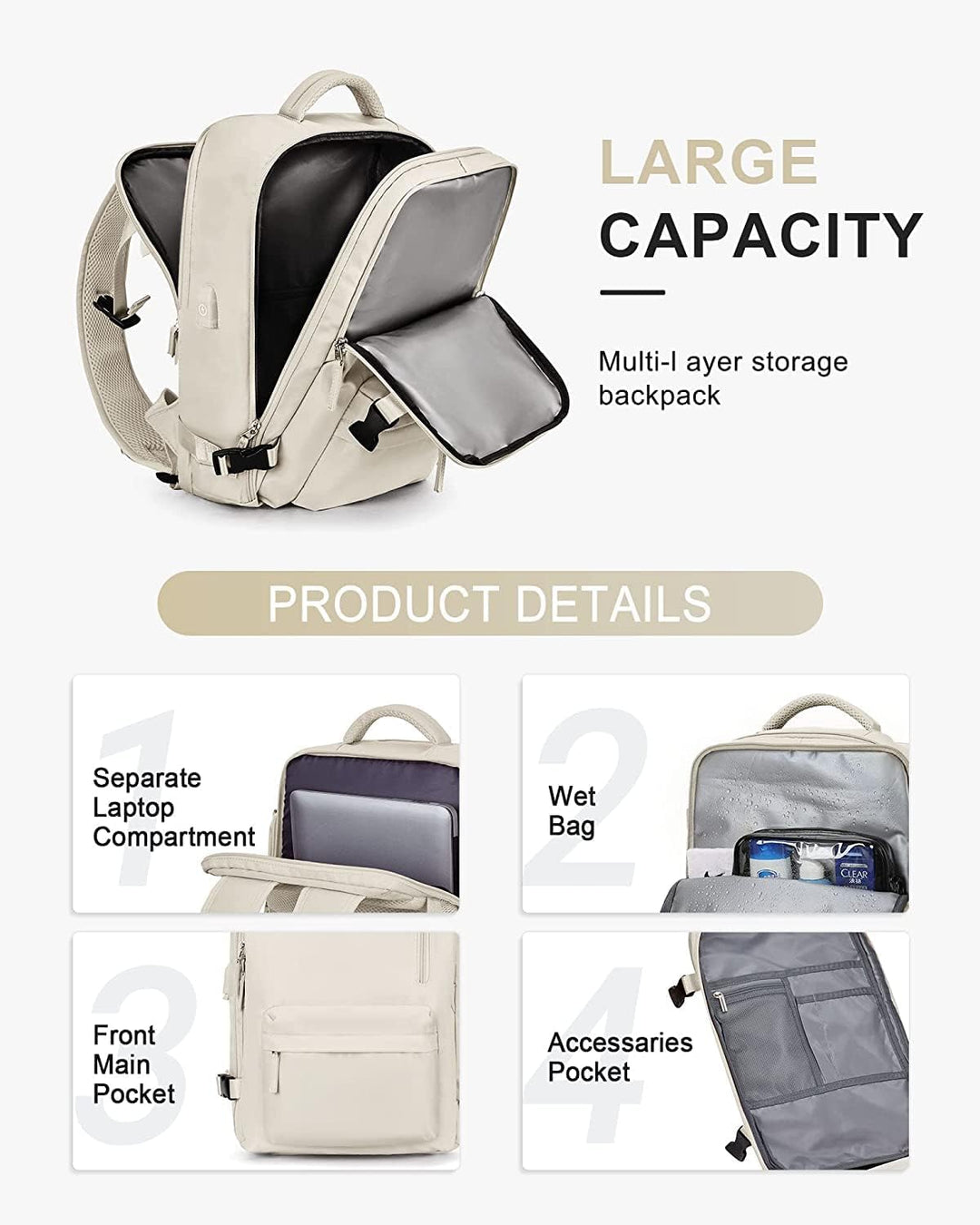 Waterproof Travel Backpack with Shoe Compartment & USB Port – 14" (35.56 cm) Laptop Fit