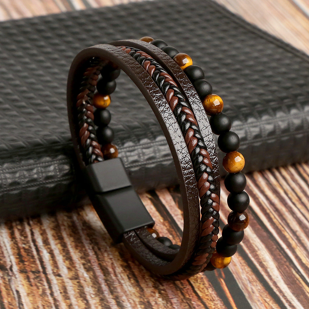 Leather Men's Bracelet Set - Armand-Brown-M (7.48 inches)-Nora Luxe