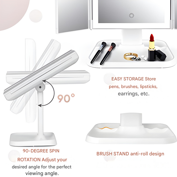 Infographic showing the mirror tilting 90 degrees and its base tray holding brushes, lipstick and jewelry 5