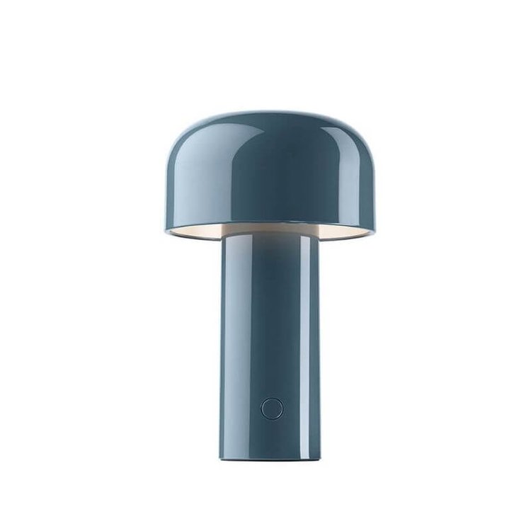 Glossy blue-gray mushroom lamp with a round dome shade and button near the bottom 4