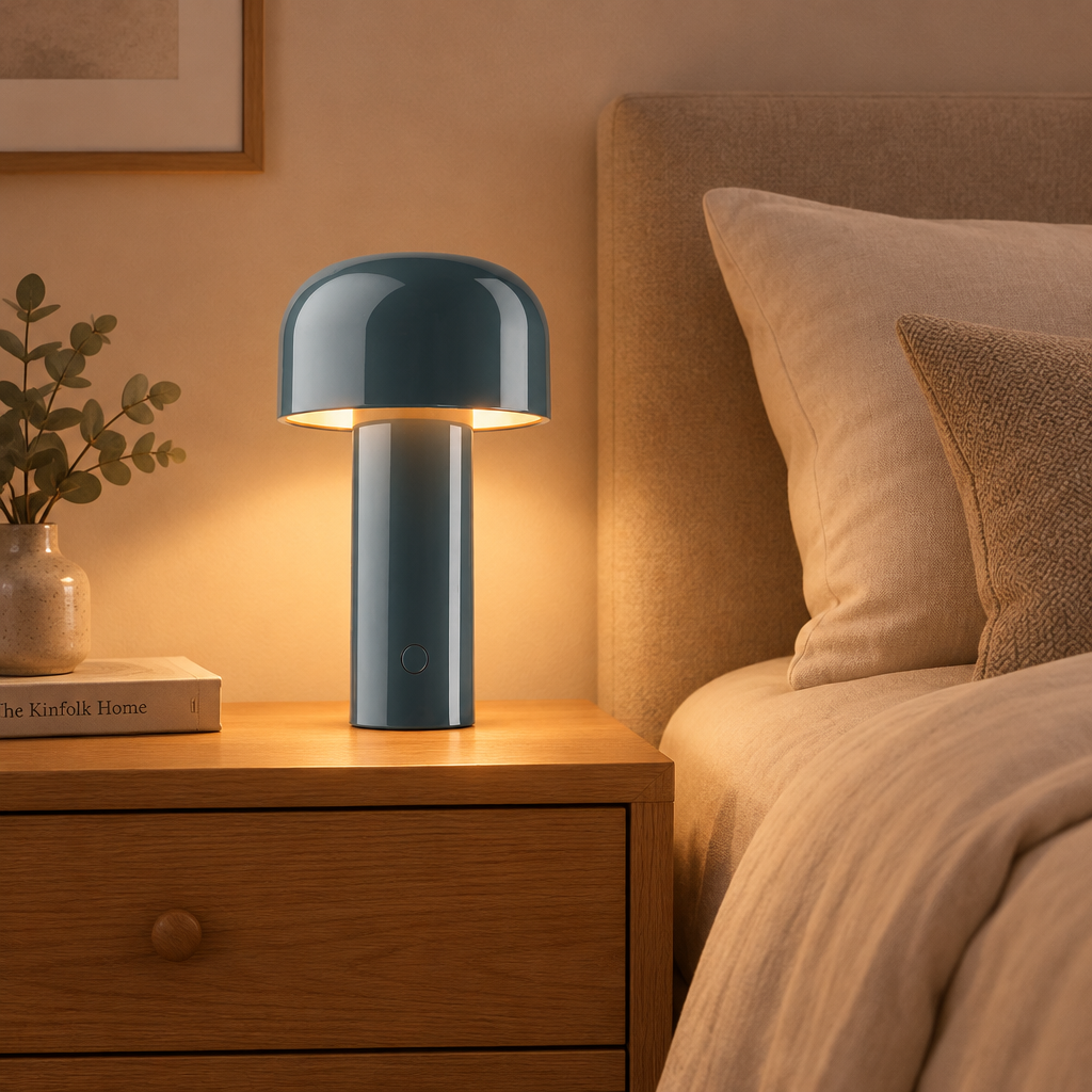 Glowing slate-blue mushroom lamp on a wooden nightstand beside a bed with beige bedding 1
