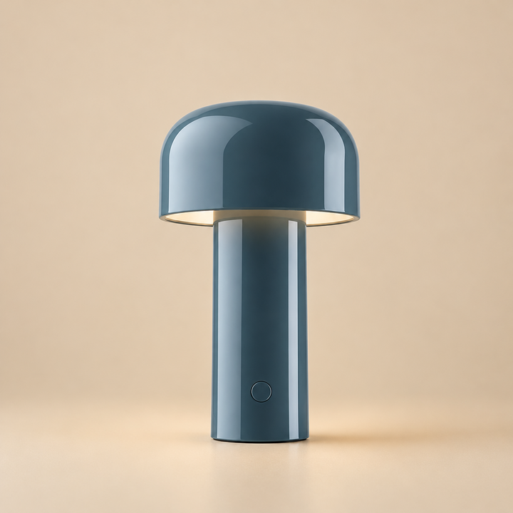 Glossy blue-gray mushroom lamp lit on a beige background, round button visible on the stem 30