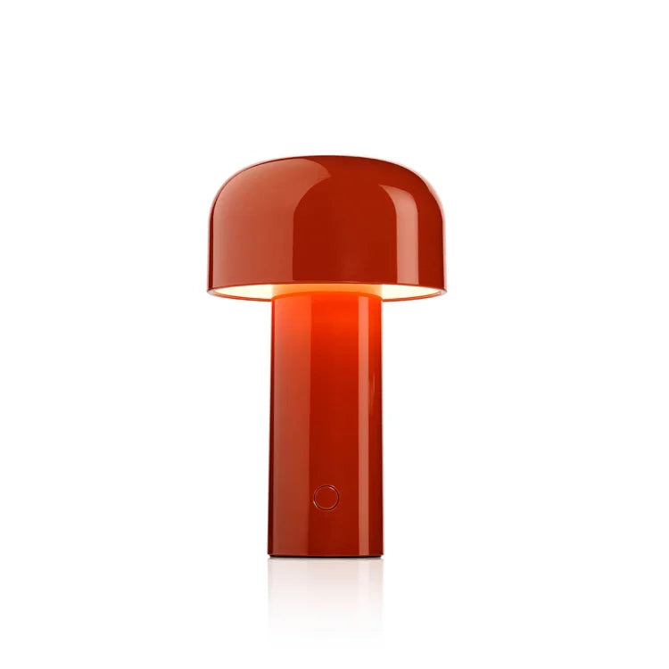 Glossy red-orange mushroom-style table lamp with a dome shade and a small round button on the base 2
