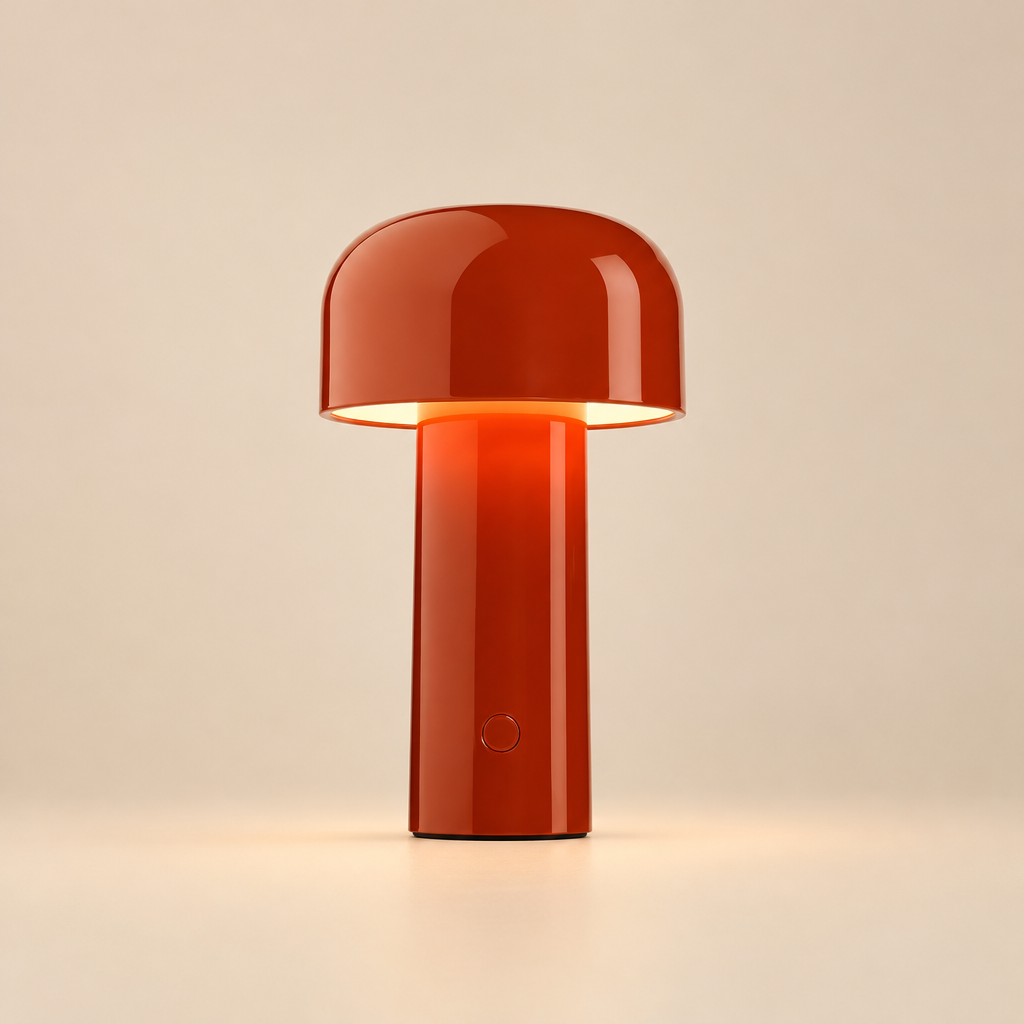 Glossy red mushroom lamp glowing under its dome, with a round button on the stem 29