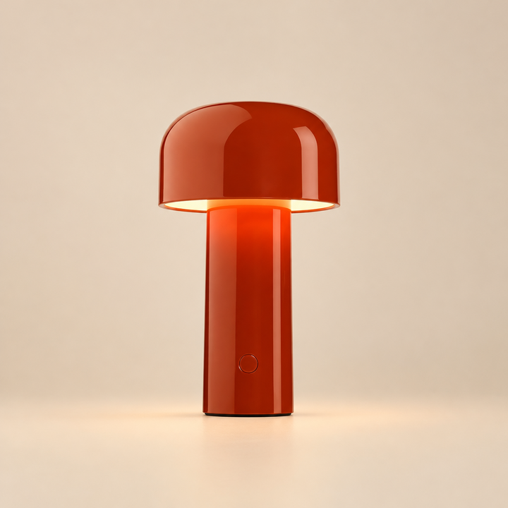 Glossy red mushroom lamp glowing under its dome, with a round button on the stem 29