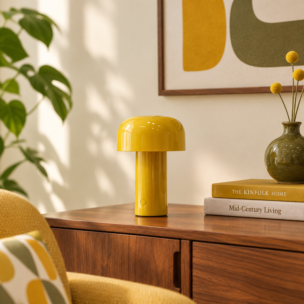 Glossy yellow mushroom lamp on a walnut sideboard beside books, a vase and a plant 1