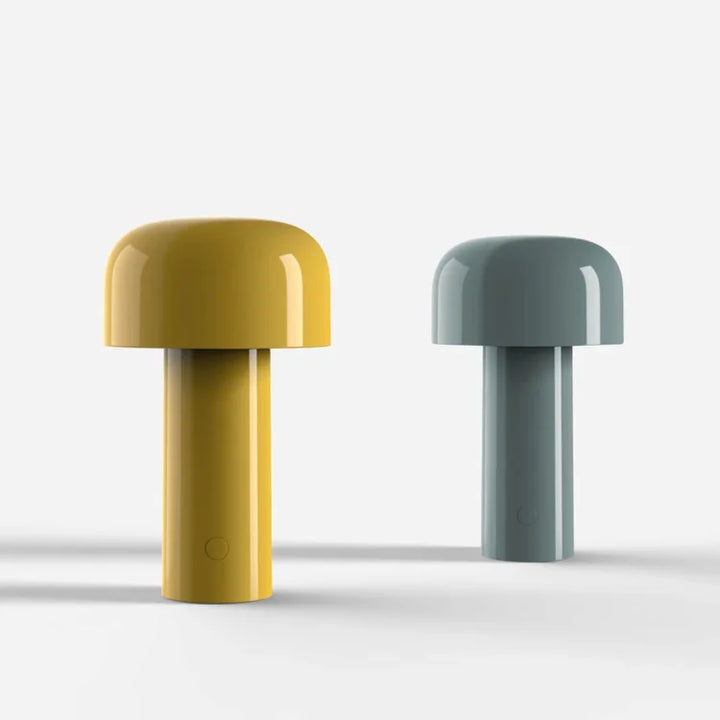 Yellow lamp and a smaller gray-blue lamp side by side on a white background 15