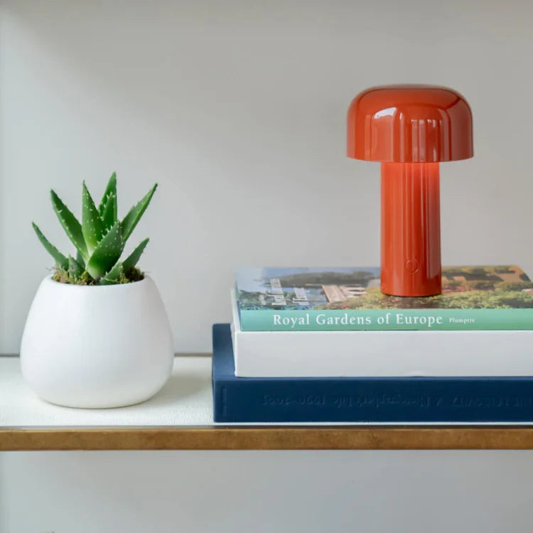 Orange mushroom lamp on a stack of books next to a potted succulent 17