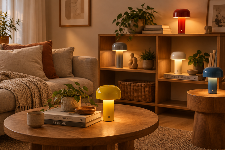 Five glossy mushroom-shaped lamps in yellow, red, gray, white and blue glow in a cozy living room 1