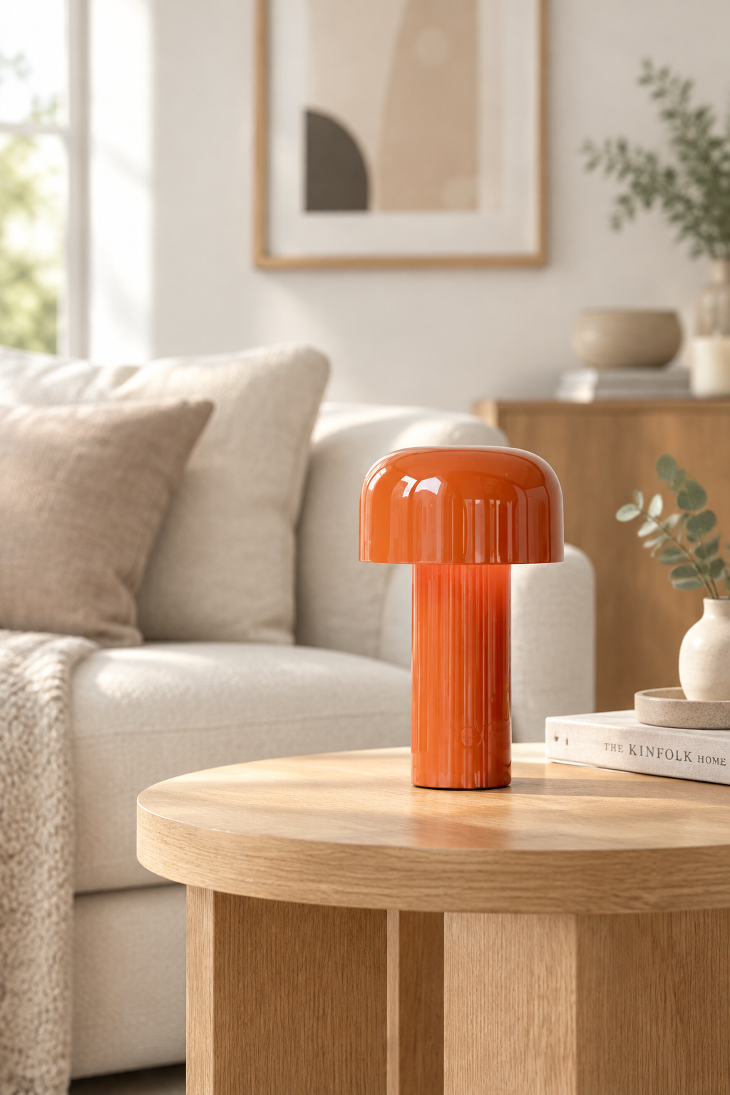 Glossy orange mushroom lamp on a round oak side table in a bright living room 1