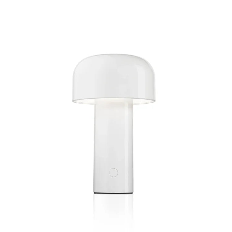 White glossy mushroom lamp on a plain white background, glowing softly under the dome shade 2
