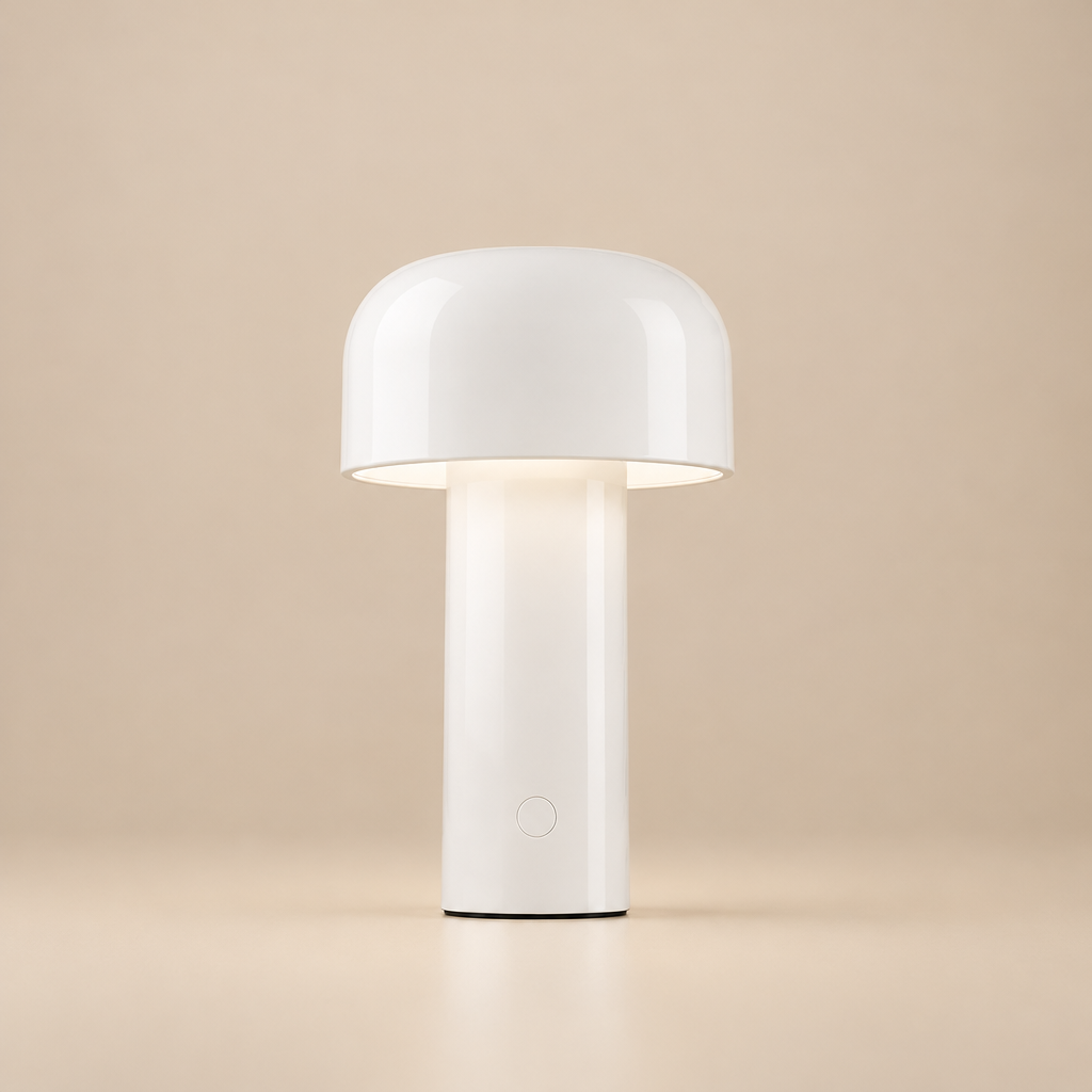 Glossy white mushroom lamp lit against a beige backdrop, with a round power button on the base 28