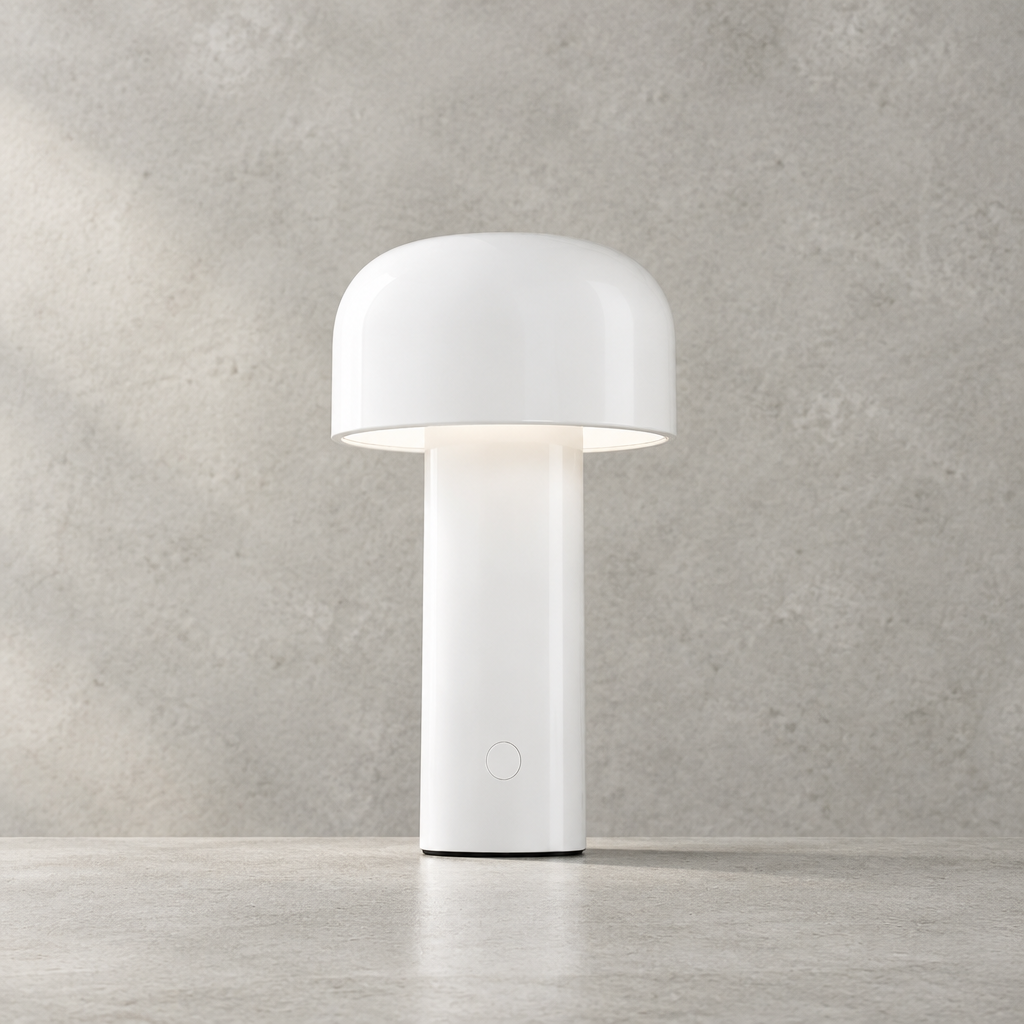 White lamp lit against a concrete-textured wall, with the touch button visible on the base 28