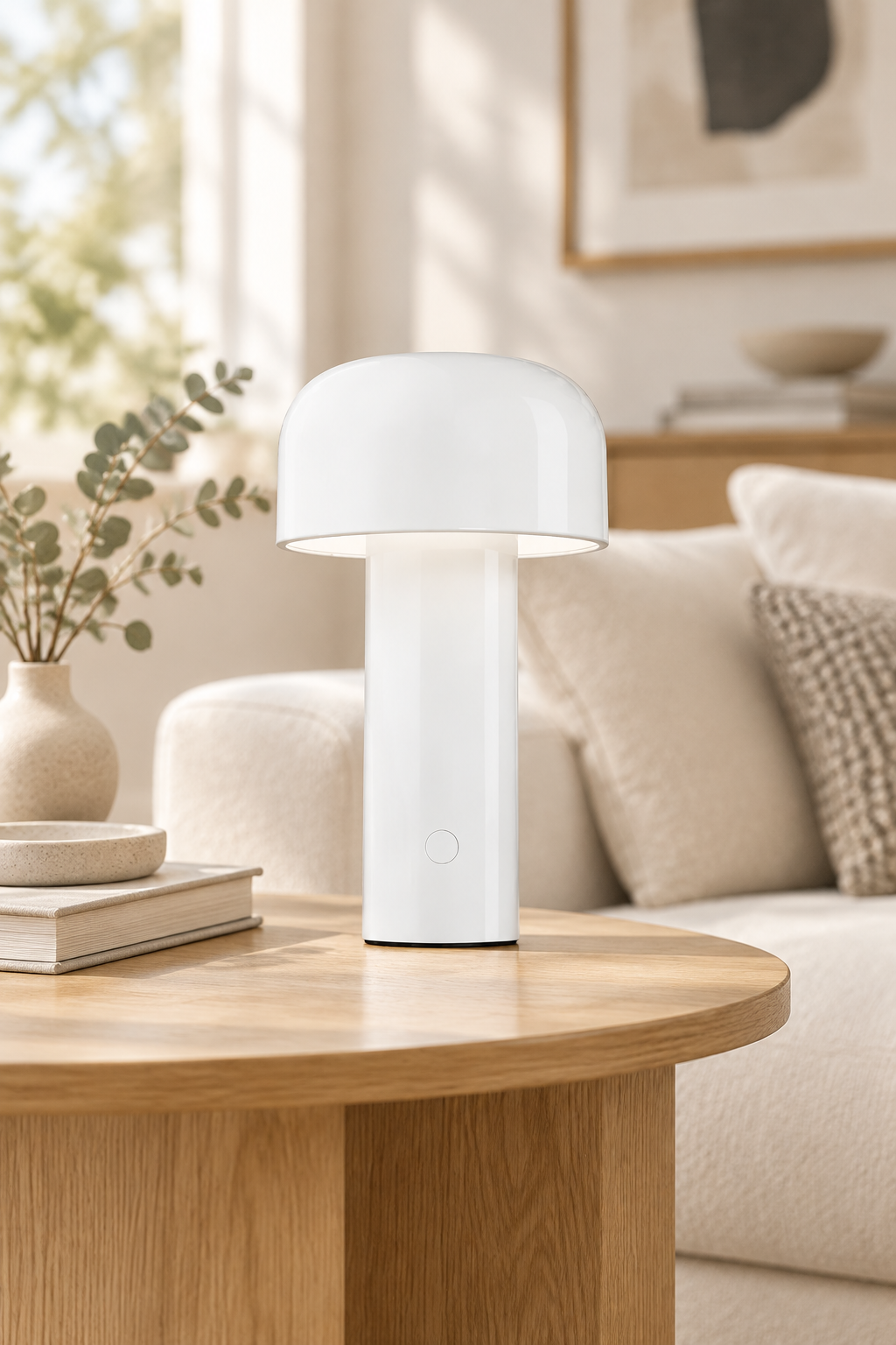 White mushroom lamp on a round wooden coffee table beside a sofa, showing the power button 28