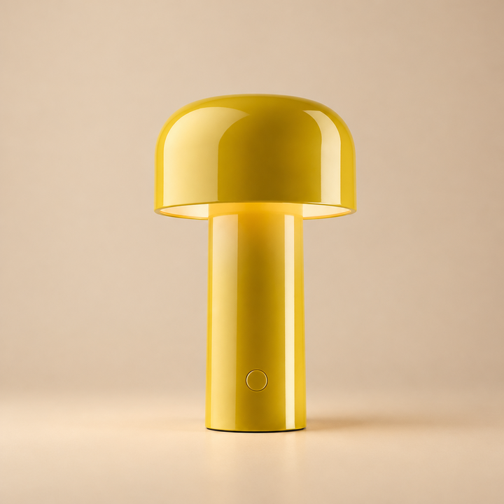 Glossy yellow mushroom lamp glowing warmly, with a small round button on the stem 31